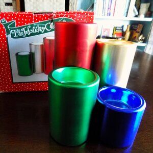 4 Ceramic Holiday Candle Holders, Satin Metallic, Red, Blue, Green, Gold